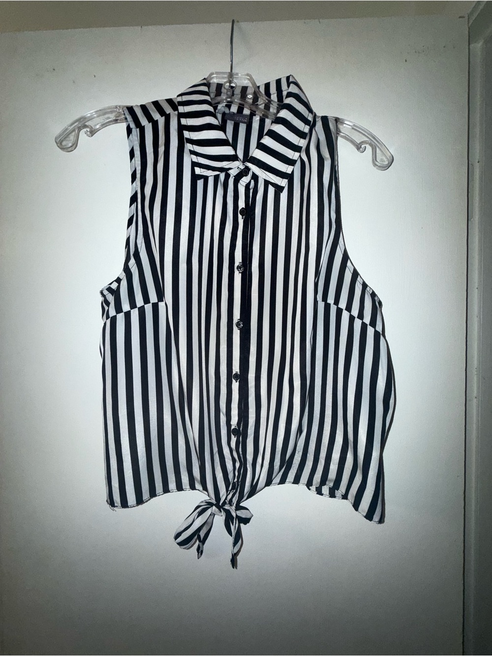 Striped Black & White Tie-Front Sleeveless Blouse